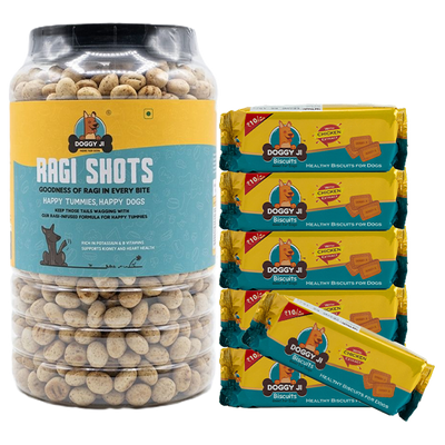 Doggy Ji Mini Combo : Doggy Ji Biscuits (with Chicken Extracts) – 6 Packets + Ragi Shots – 1 Pouch